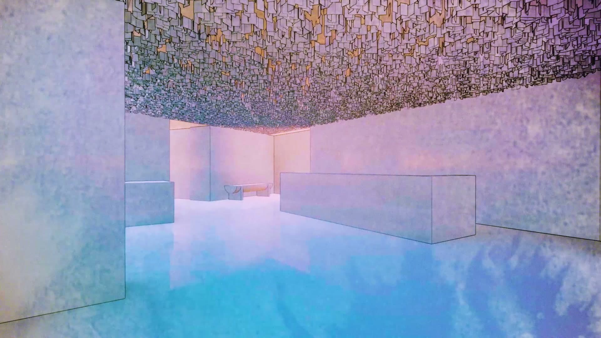 Museum architecture visualisation — pastel-lit gallery space